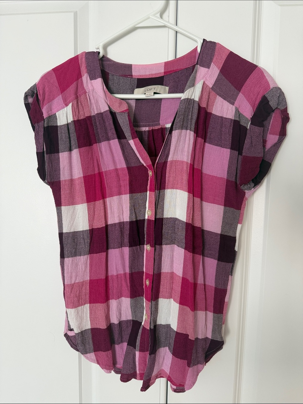 LOFT Pink and Magenta Plaid Button-Front Short Sleeve Top